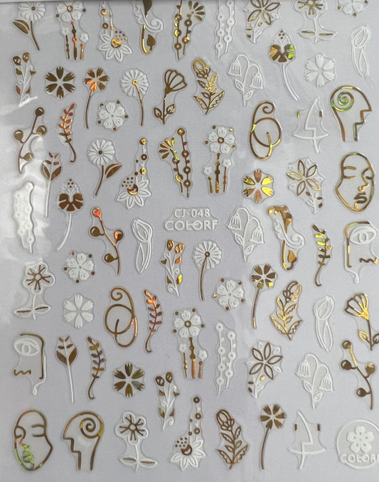 3D White & Gold Flowers Nail Decal